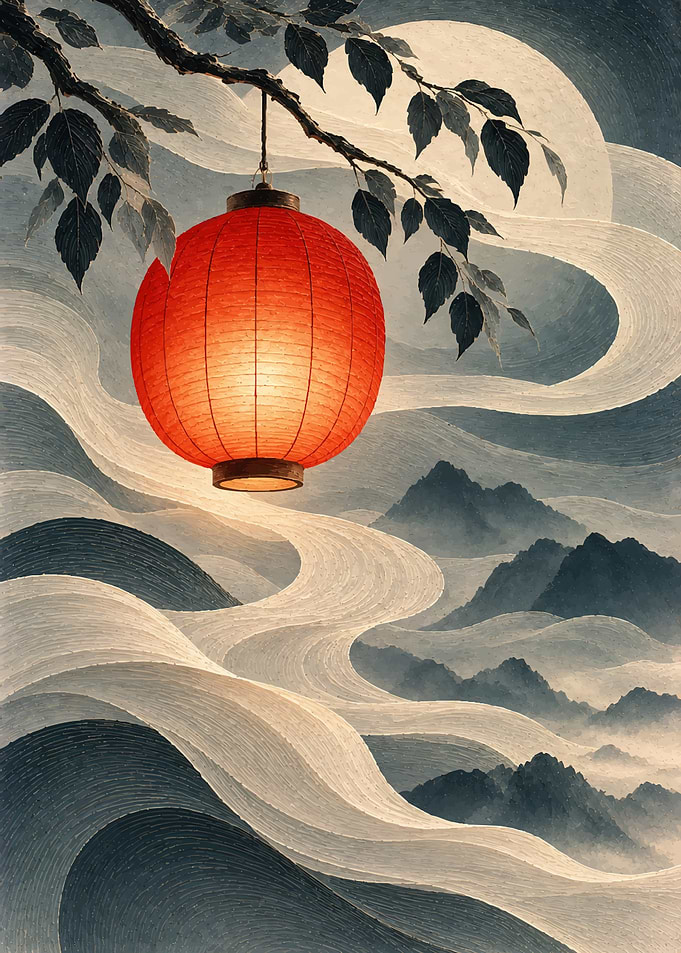 Glowing Red Lantern Over Misty Mountains