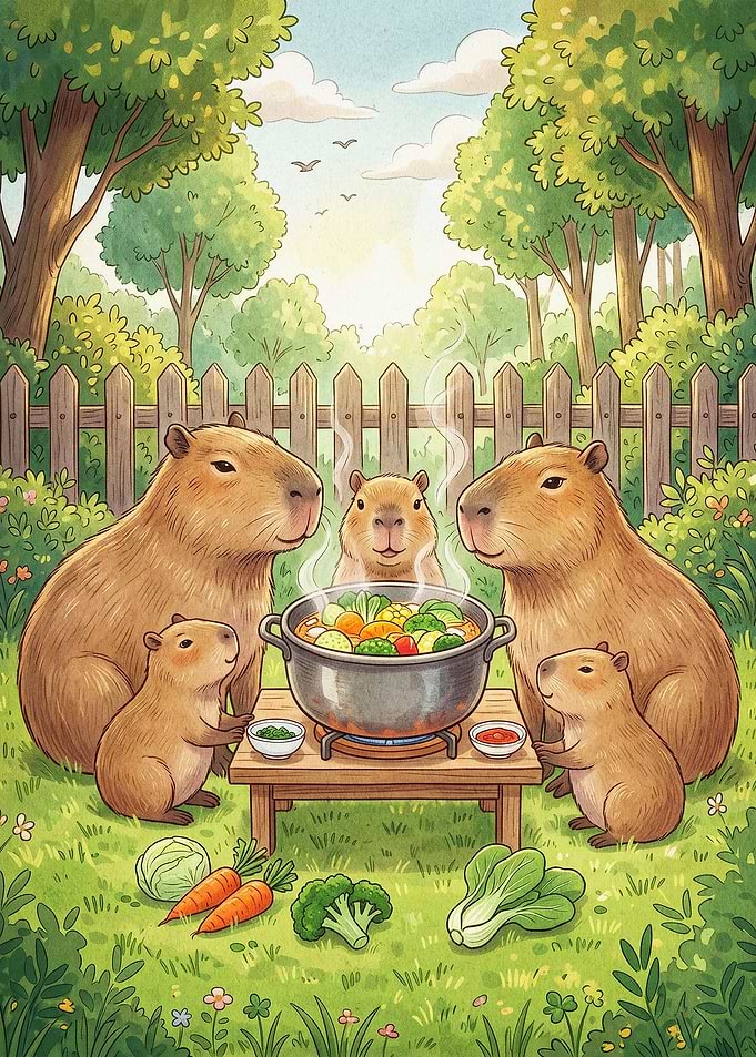 Capybara Family Picnic Cozy Art