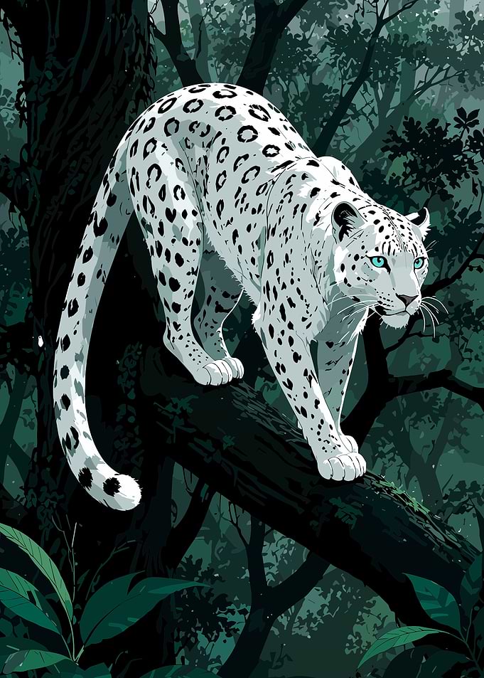 Snow Leopard in Dark Forest