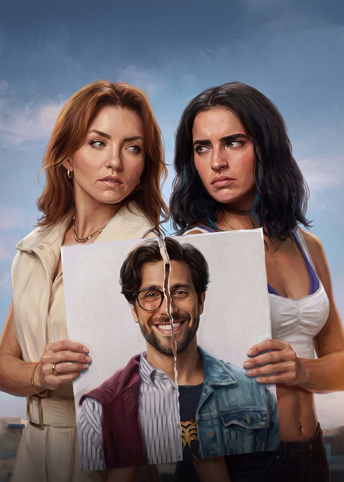 Two Women Holding Torn Portrait