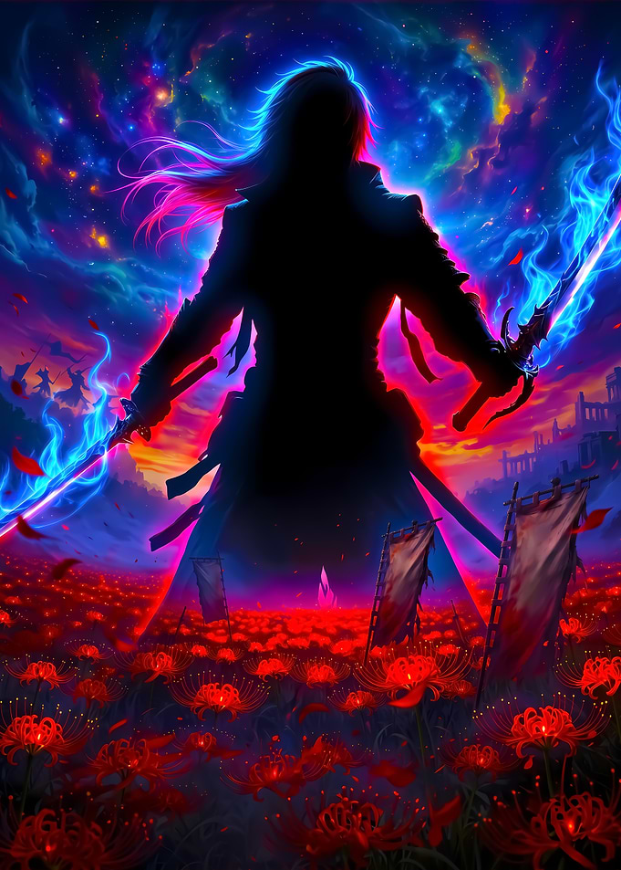 Warrior Silhouette in Red Flower Field