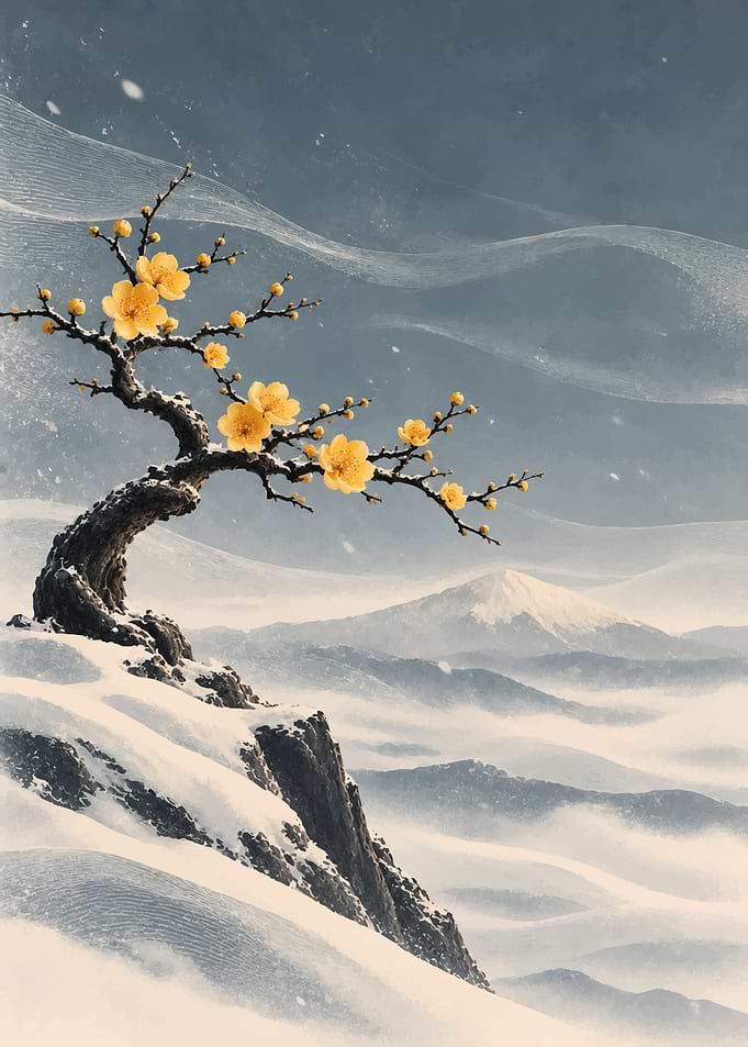 Winter Plum Blossom on Snowy Mountain