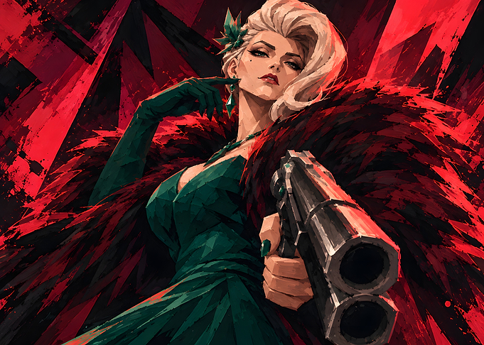 Elegant Femme Fatale with Gun