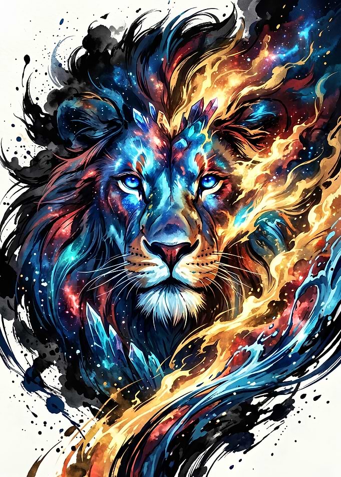 Cosmic Lion Watercolor Art