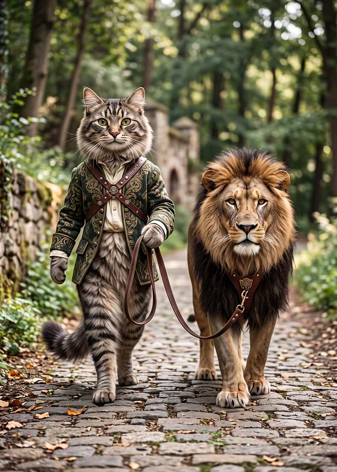 Anthropomorphic Cat Walking a Lion