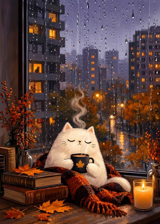 Cozy Cat Drinking Coffee by Window