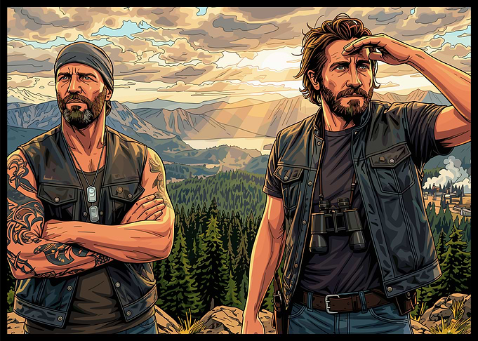 Two Men Overlooking Mountain Landscape