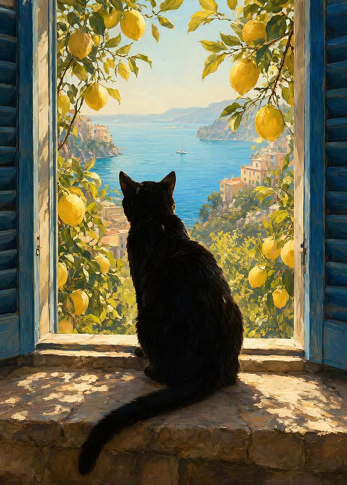 Black Cat Looking Out Mediterranean Window