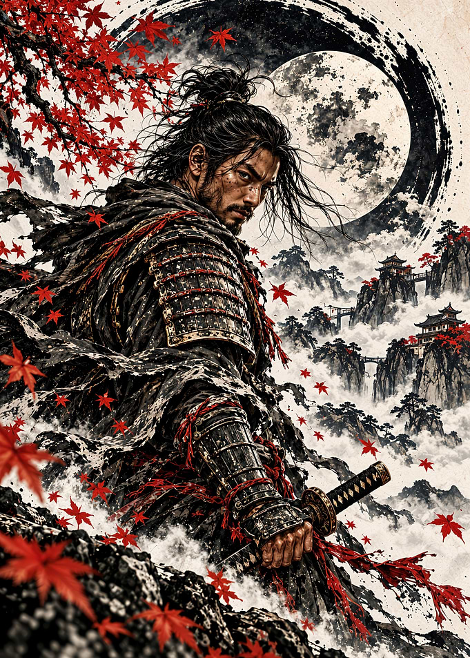 Samurai Warrior Amidst Autumn Leaves