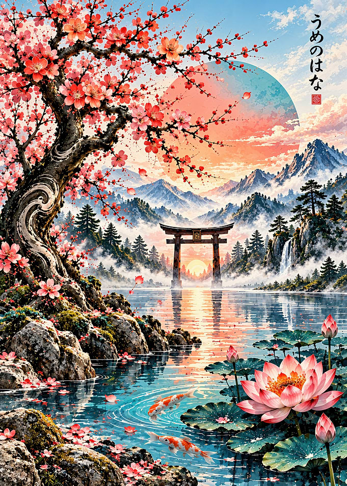 Japanese Torii Gate and Cherry Blossoms