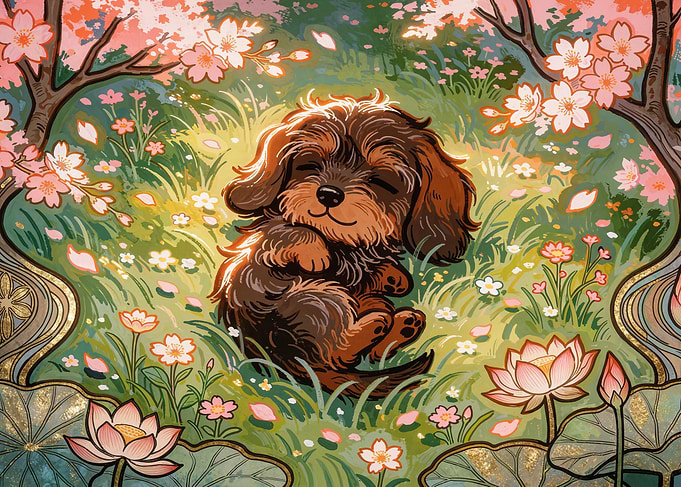A tiny chibi wire-haired dachshund drifts in a state of pure bliss, sleeping on its back amidst a green meadow