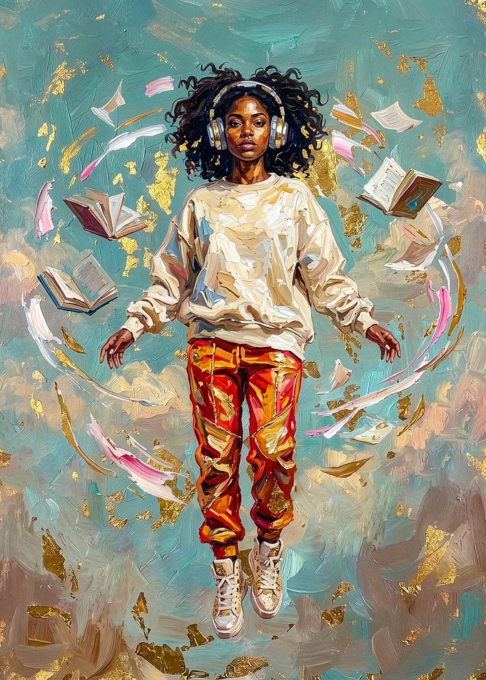 Floating Woman with Books and Headphones