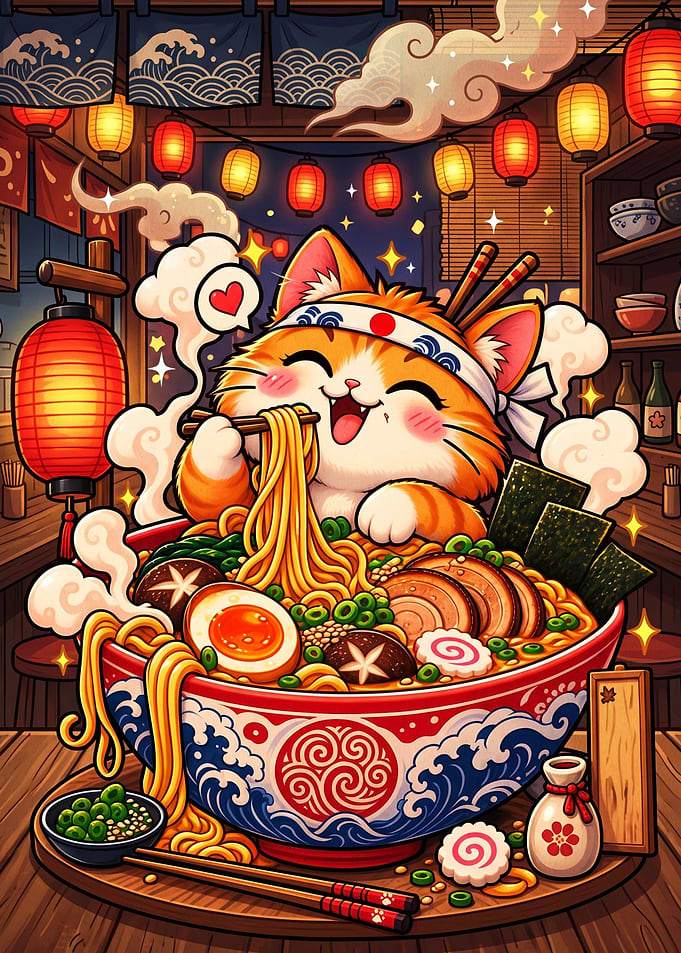 Cute Cat Eating Ramen Bowl