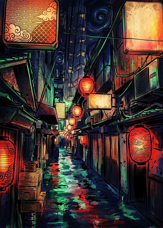 Rainy Japanese Alleyway with Lanterns