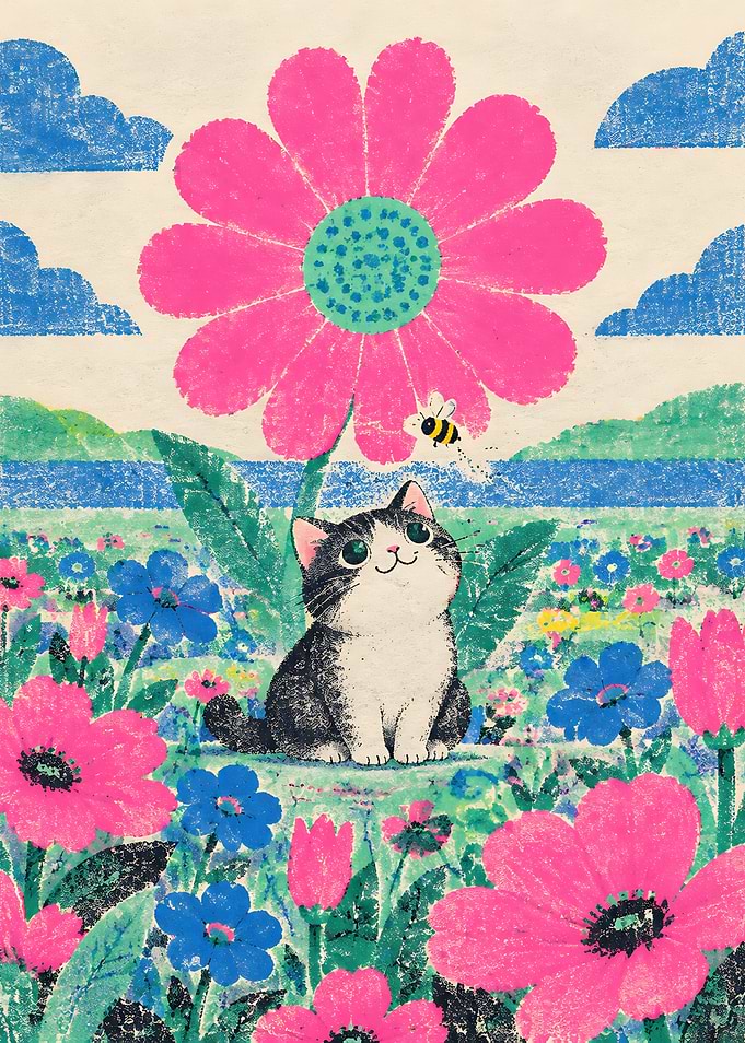 Cute Cat in a Flower Garden