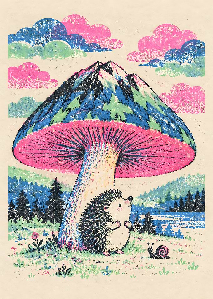 Hedgehog Under a Mountain Mushroom