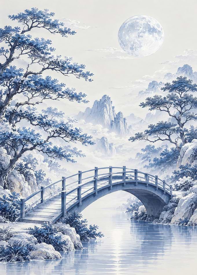 Blue Moonlit Mountain Bridge Landscape