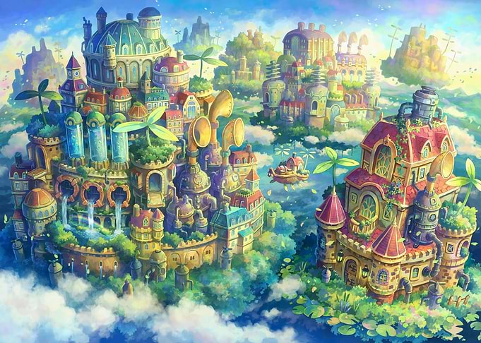 Whimsical Steampunk Floating Castle City