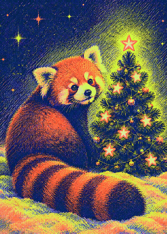 Red Panda by Christmas Tree