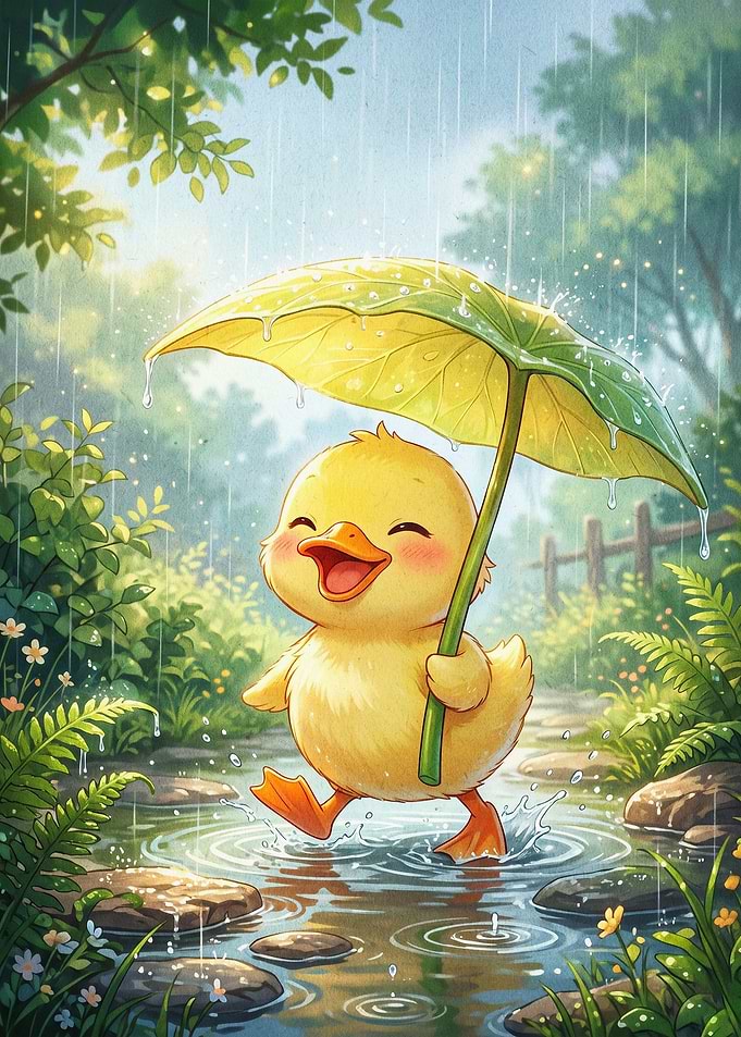 Cute Duck Rain Art Poster