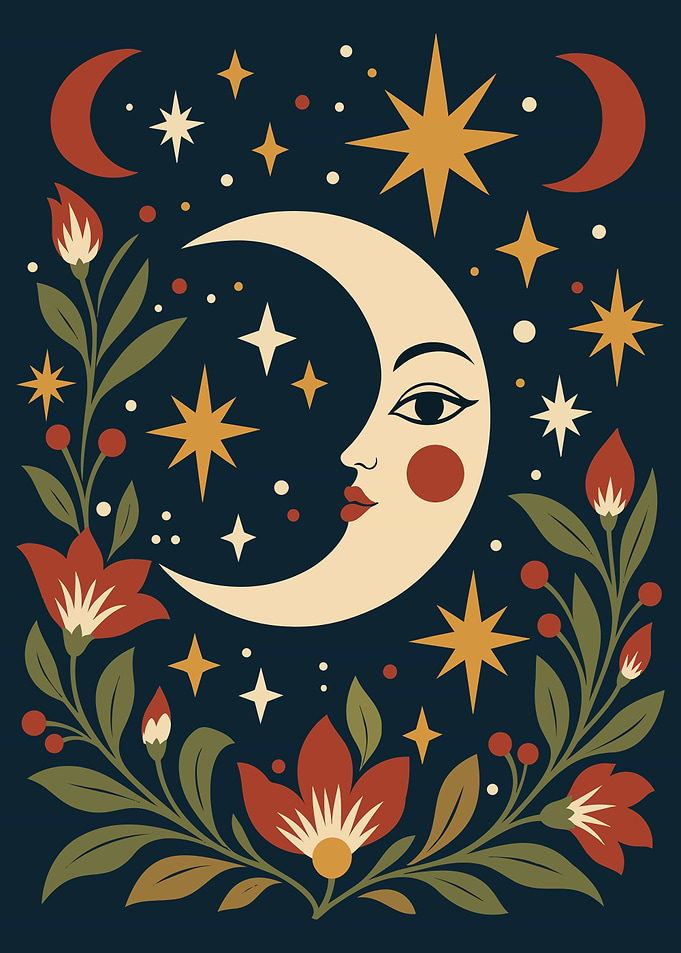 Crescent Moon Wall Art – Celestial Floral Bedroom Poster