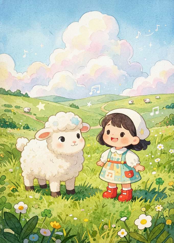 Girl Sheep Meadow Watercolor Art