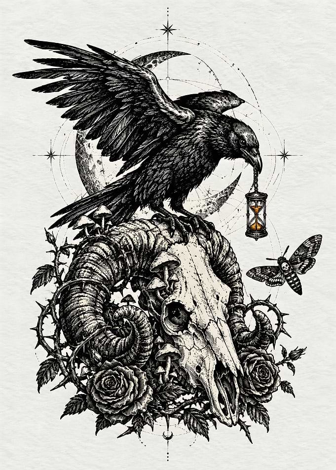 Raven and Ram Skull Gothic Art