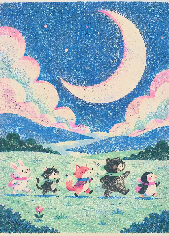 Cute Animals Walking Under Crescent Moon