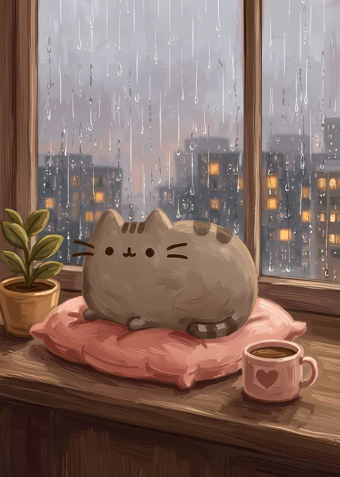Pusheen Cat Relaxing on Rainy Day