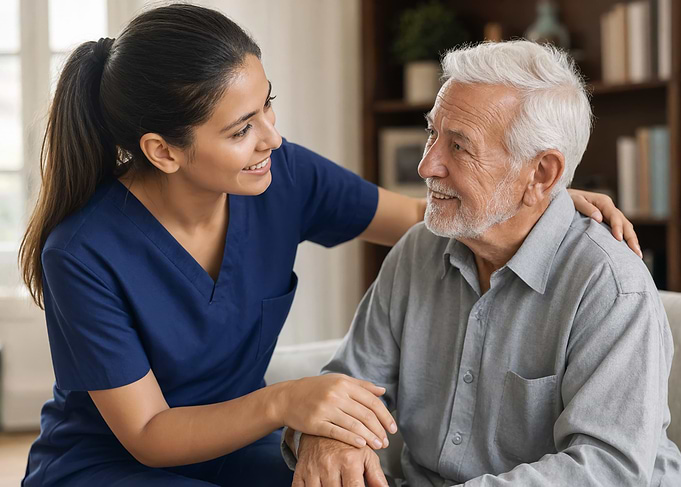Caregiver Supporting an Elderly Man
