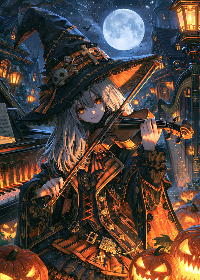 Anime Witch Playing Violin at Halloween