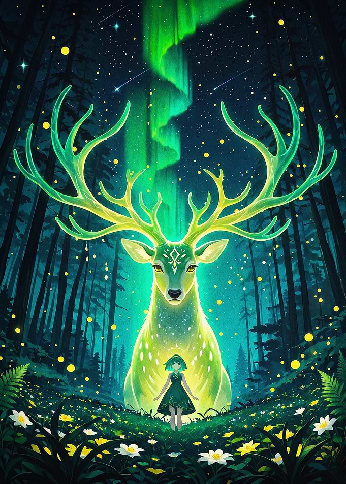 Neon Deer Magical Forest Poster