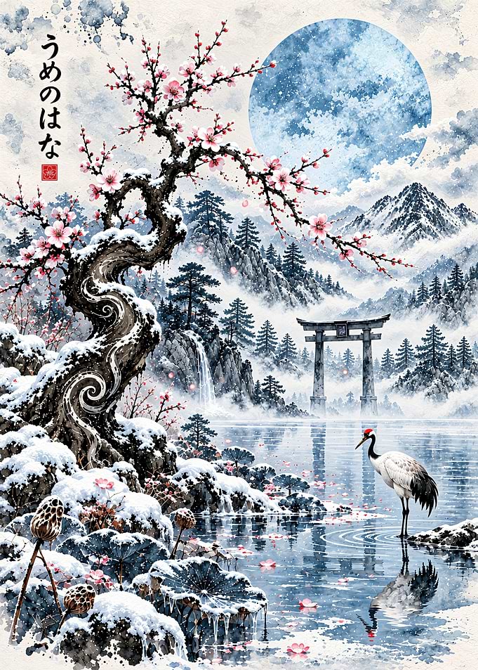 Winter Japanese Landscape with Crane