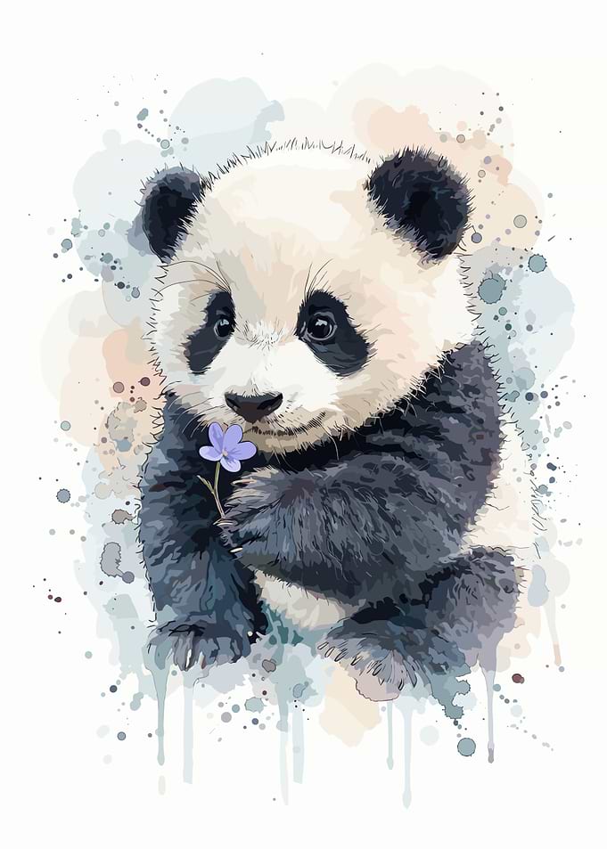 Watercolor Baby Panda with Flower
