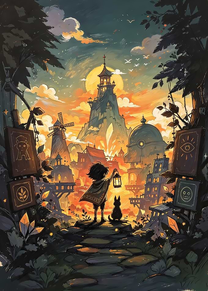 Child and Cat Exploring Fantasy Town