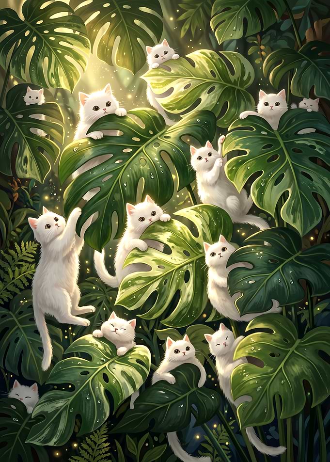 Cute White Kittens in Monstera Jungle