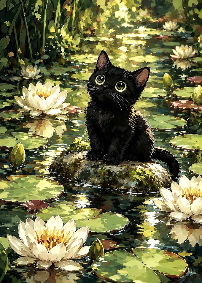 Black Kitten on Pond Rock