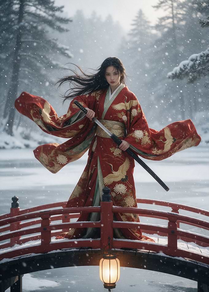 Samurai Woman in Red Kimono