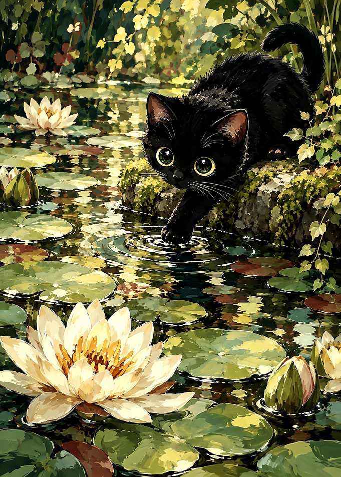 Black Kitten Touching Water Lily Pond