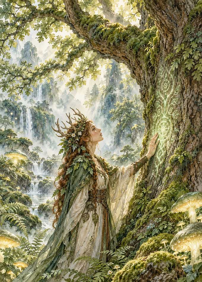 Forest Druid Touching Glowing Tree