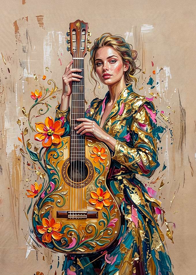 Woman Playing Floral Decorated Guitar