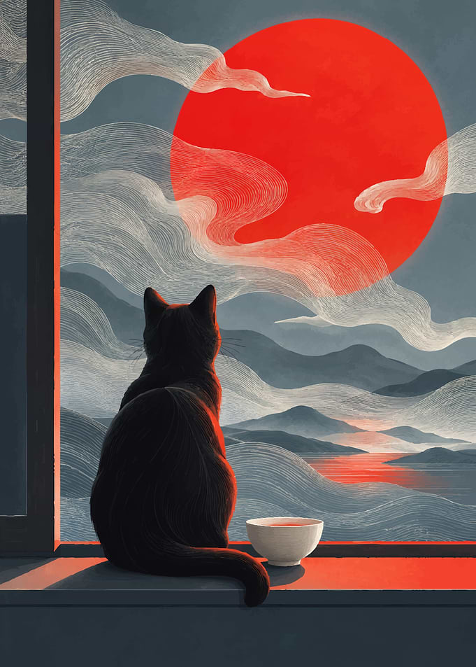 Black Cat Watching Red Sun