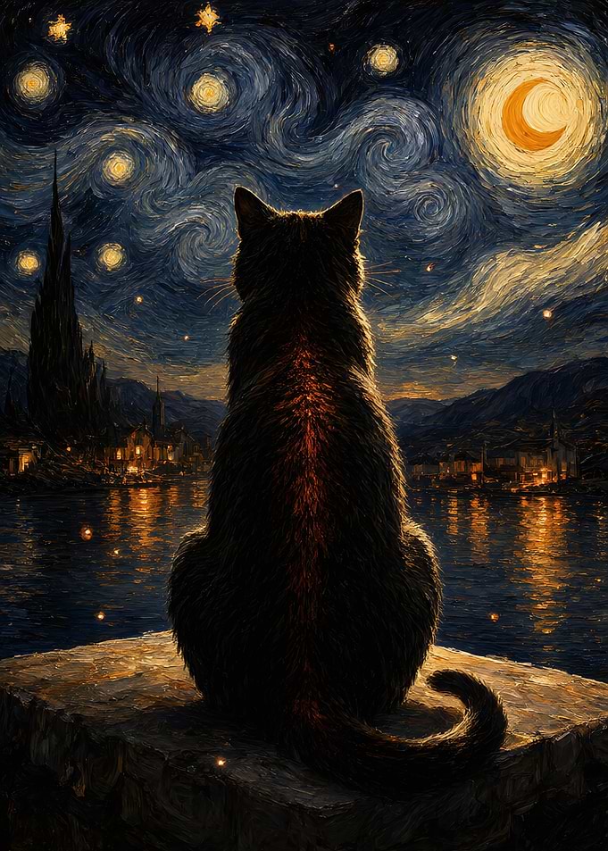 Cat Watching Starry Night Sky