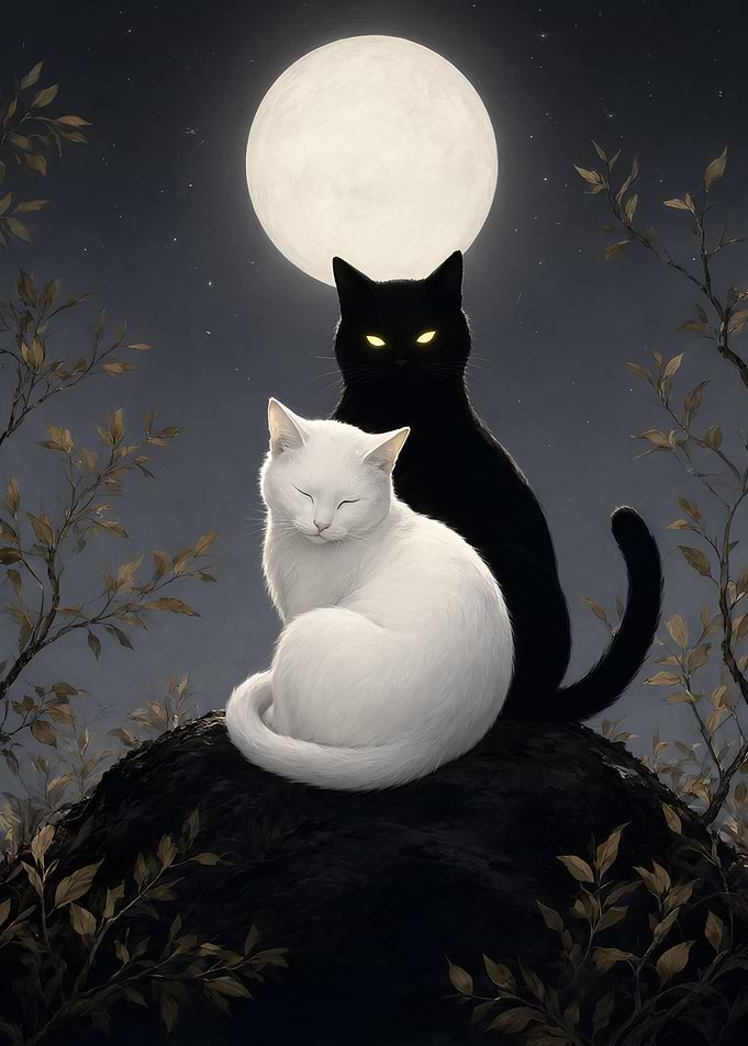 Black and White Cats Under Moon