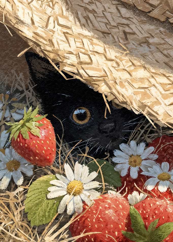 Black Cat Under Straw Hat With Strawberries