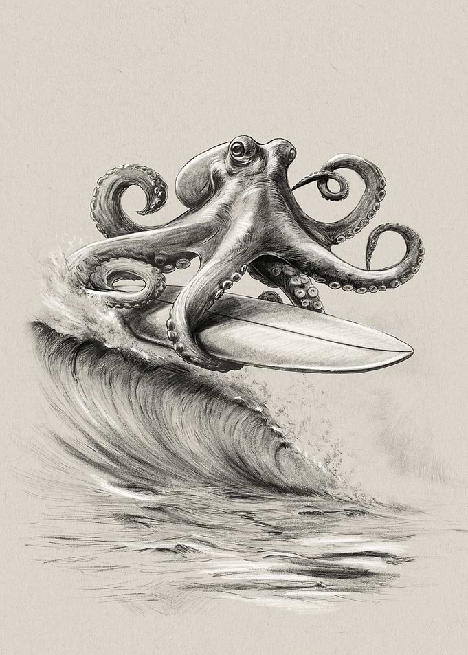 Octopus Surfing on a Wave