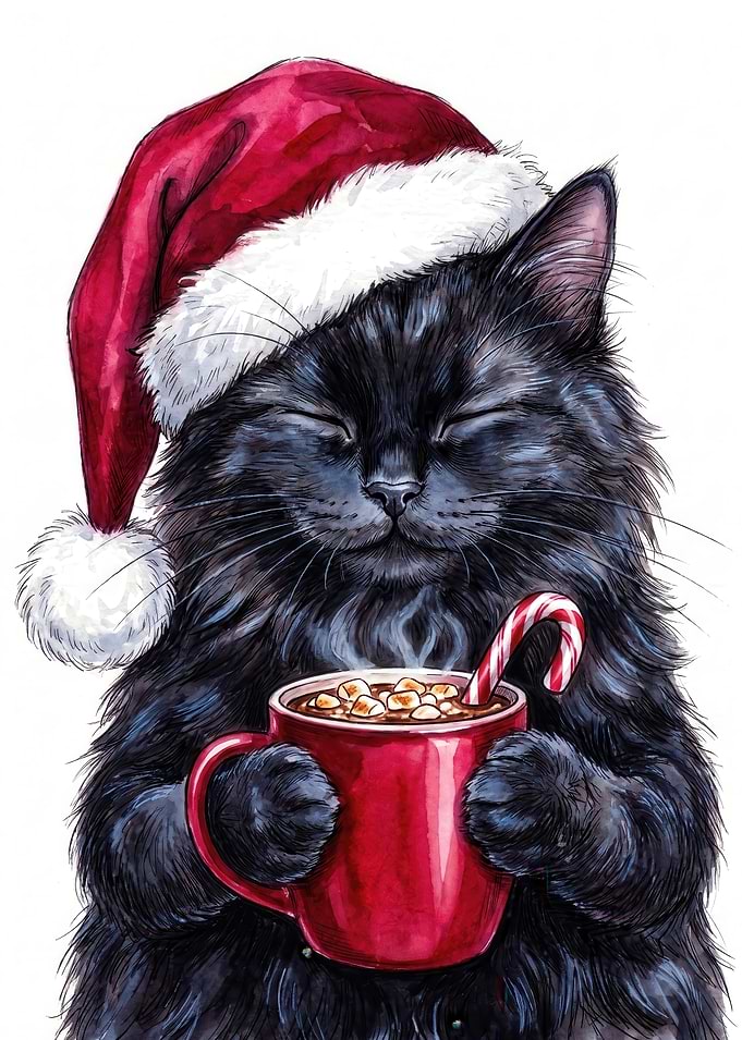Cozy Black Cat Christmas Cocoa