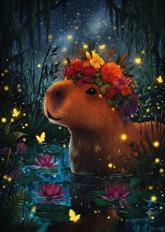 Capybara Floral Night Magic Poster