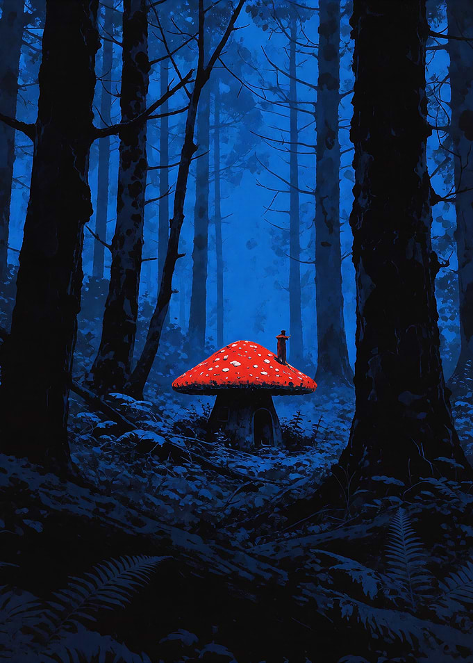 Mushroom House Hidden in Blue Forrest