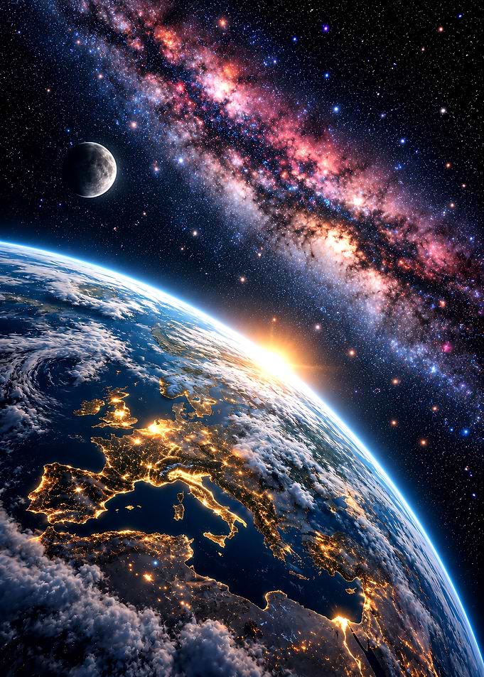 Earth from Space with Milky Way